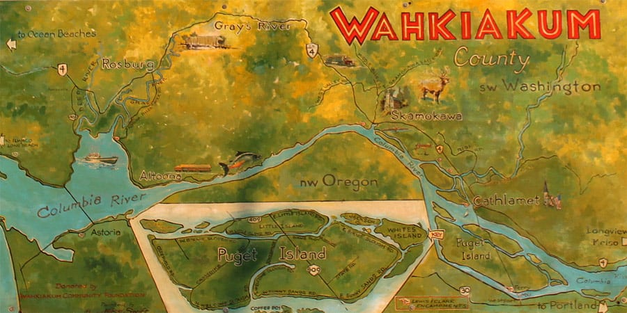 This hand-painted map from the side of the tower shows the lower Columbia river. Painted by Mike Swift